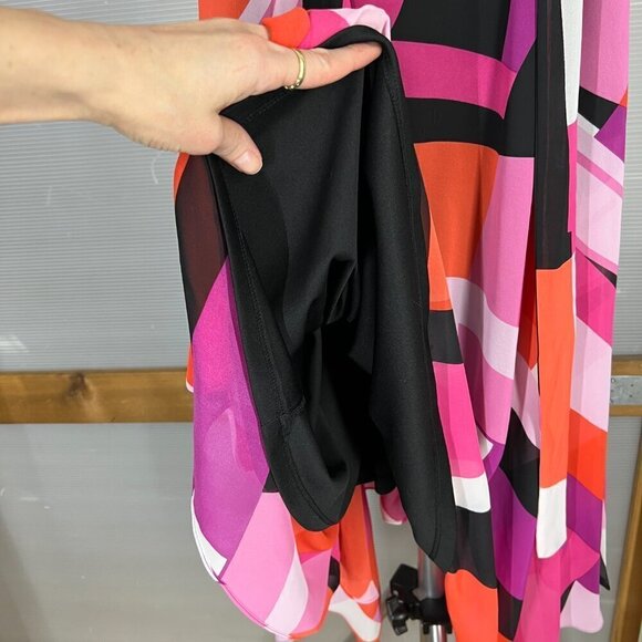 SLNY Black Scoop Neck Cap Sleeve Chiffon Multicolor‎ Asymmetrical Maxi Dress Sz8 - Picture 6 of 16